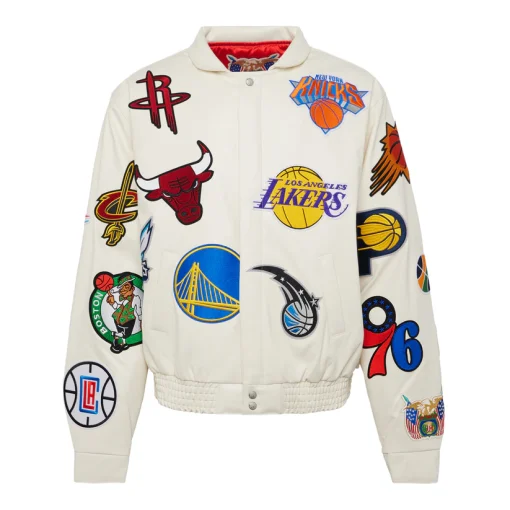 Unisex NBA COLLAGE VEGAN LEATHER JACKET White