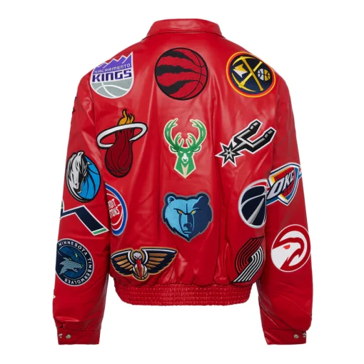 Unisex NBA Collage Vegan Leather Red Jacket