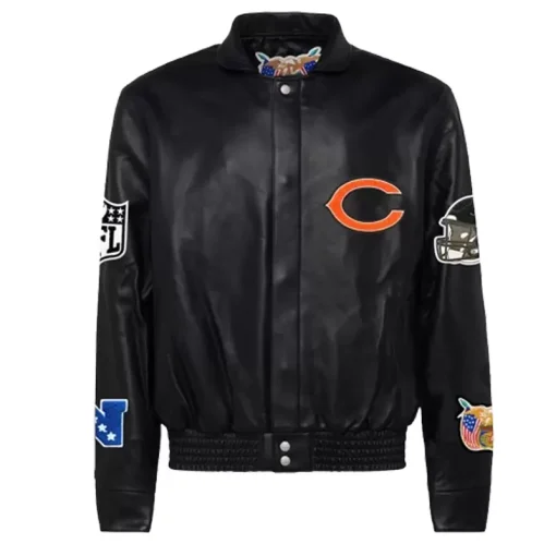 _Men's Jeff Hamilton Black Chicago Bears Leather Full Snap Jacket Front