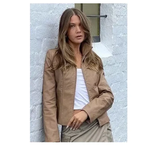 Classic Tan Leather Jacket for Women - Image 2