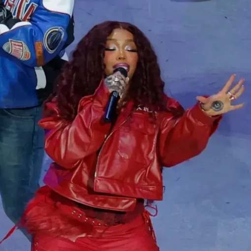 SZA Super Bowl 2025 Maroon Leather Jacket