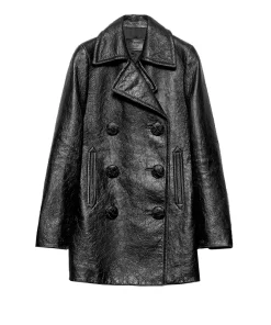 Women's Classic Black Textured Leather Peacoat