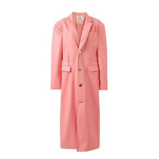 Women's Unisex Faux Peach Plant Leather Long Coat Front