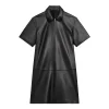 Short-Sleeve Half Zip Nappa Leather Mini Dress