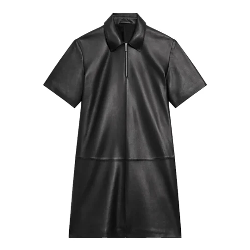 Short-Sleeve Half Zip Nappa Leather Mini Dress