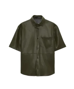 Men's Dark Green Half Sleeves Leather Shirt Front