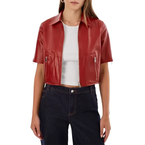 Sevana Reversible Red Silver Leather Jacket Front