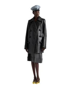 Women's Classic Black Textured Leather Peacoat Front