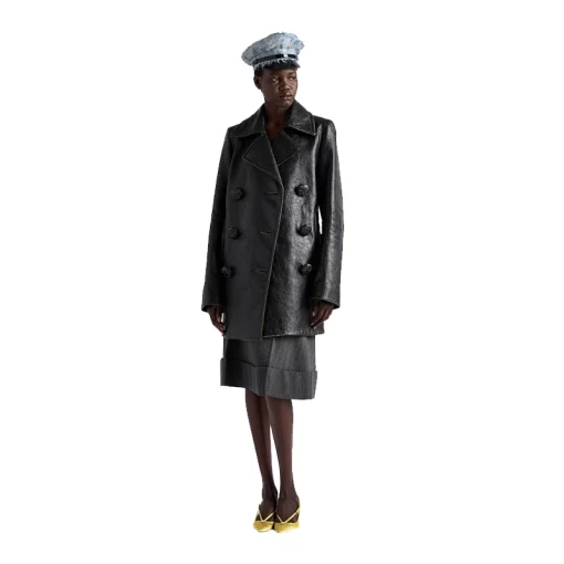 Women's Classic Black Textured Leather Peacoat Front
