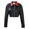 Red Collar Plant Leather Crop Jacket