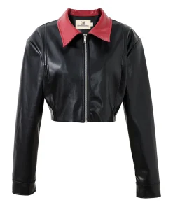 Red Collar Plant Leather Crop Jacket