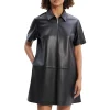 Women's Short-Sleeve Half Zip Nappa Leather Mini Dress Front