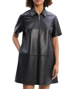 Women's Short-Sleeve Half Zip Nappa Leather Mini Dress Front