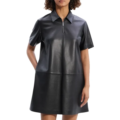 Women's Short-Sleeve Half Zip Nappa Leather Mini Dress Front