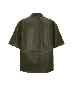 Men's Dark Green Half Sleeves Leather Shirt Back