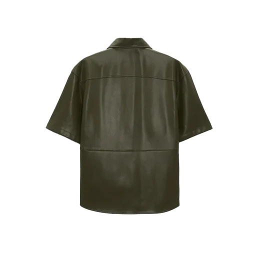 Men's Dark Green Half Sleeves Leather Shirt Back