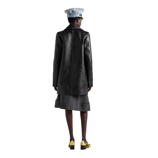 Women's Classic Black Textured Leather Peacoat Back