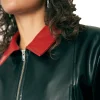 Red Collar Plant Leather Crop Jacket Zipper