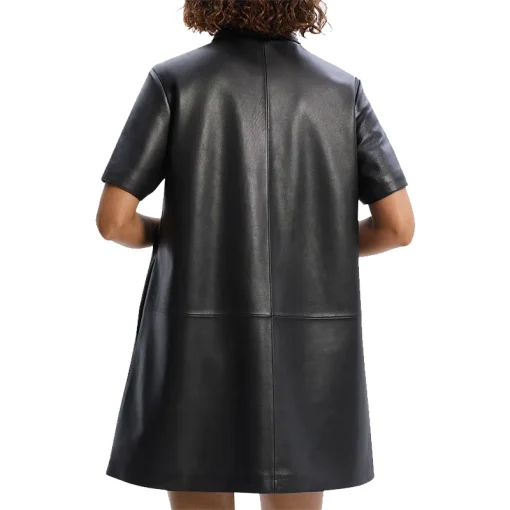 Women's Short-Sleeve Half Zip Nappa Leather Mini Dress Back