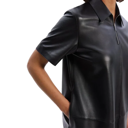 Women's Short-Sleeve Half Zip Nappa Leather Mini Dress Sleeves