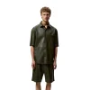 Dark Green Half Sleeves Leather Shirt Front