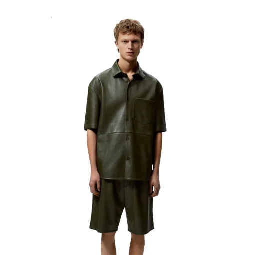 Dark Green Half Sleeves Leather Shirt Front