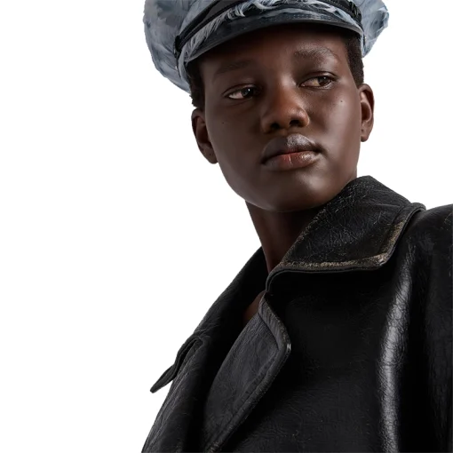 Women's Classic Black Textured Leather Peacoat Collar