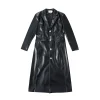 Women's Unisex Faux Black Plant Leather Long Coat Front