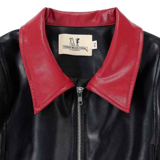Red Collar Plant Leather Crop Jacket Collar