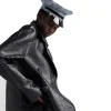 Women's Classic Black Textured Leather Peacoat Pockets