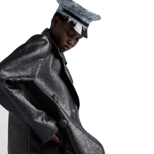 Women's Classic Black Textured Leather Peacoat Pockets