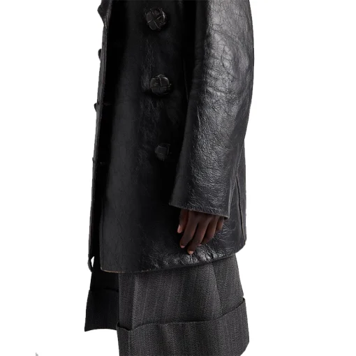 Women's Classic Black Textured Leather Peacoat Front Button