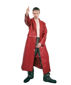 Women's Unisex Faux Red Plant Leather Long Coat Front