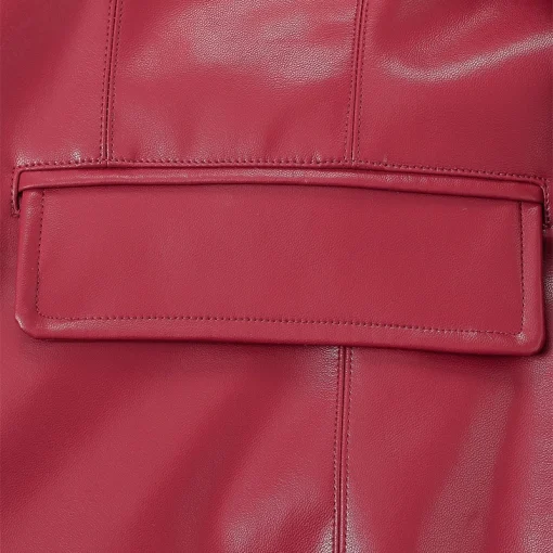 Women's Unisex Faux Red Plant Leather Long Coat Pocket