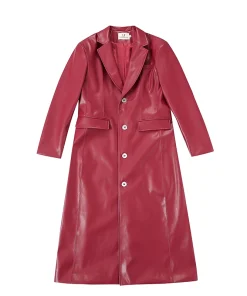 Women's Unisex Faux Red Plant Leather Long Coat