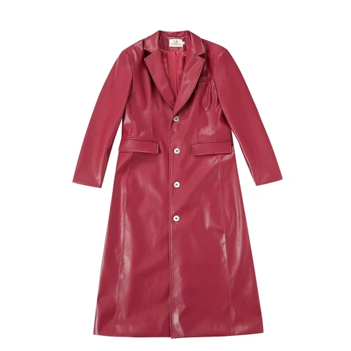 Women's Unisex Faux Red Plant Leather Long Coat