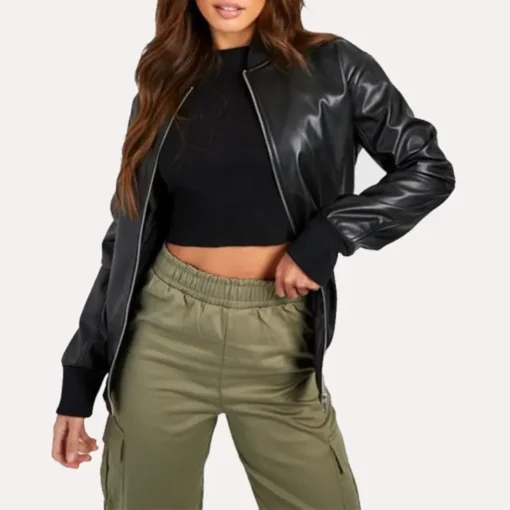Oversized Women's Black Bomber Leather Jacket