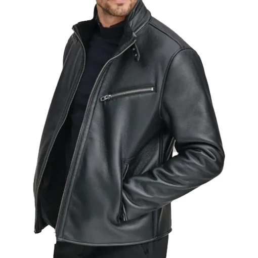 Faux Shearling Black Geniune Leather Jacket