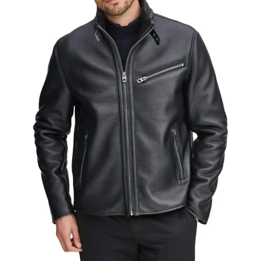 Faux Shearling Black Geniune Leather Jacket