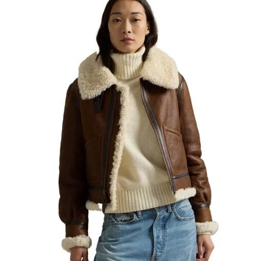 Leather-Trim Shearling Aviator Jacket