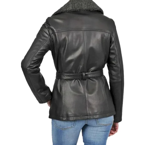 Women's Shearling Black Belted Leather Jacket - Image 2