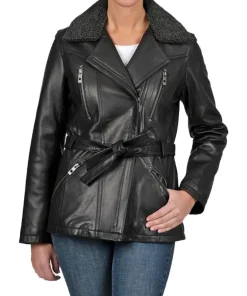 Women's Shearling Black Belted Leather Jacket