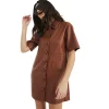 Brown Faux Leather Button Shirt Front