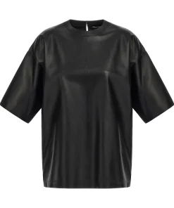 Women Black Leather T-Shirt