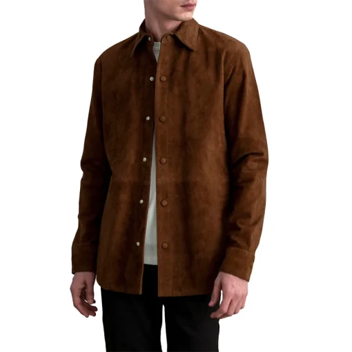Men's Haven Brown Suede Leather Shirt Front Open