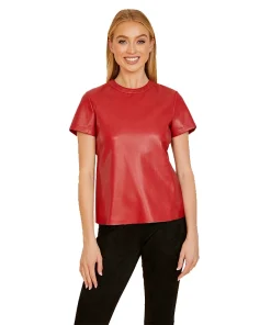 Women Faux Leather Shirt Red Front