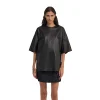Women Black Leather T-Shirt Front