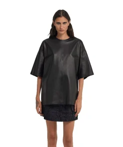 Women Black Leather T-Shirt Front