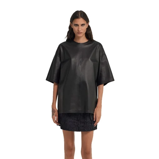 Women Black Leather T-Shirt Front