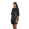 Women Black Leather T-Shirt Side